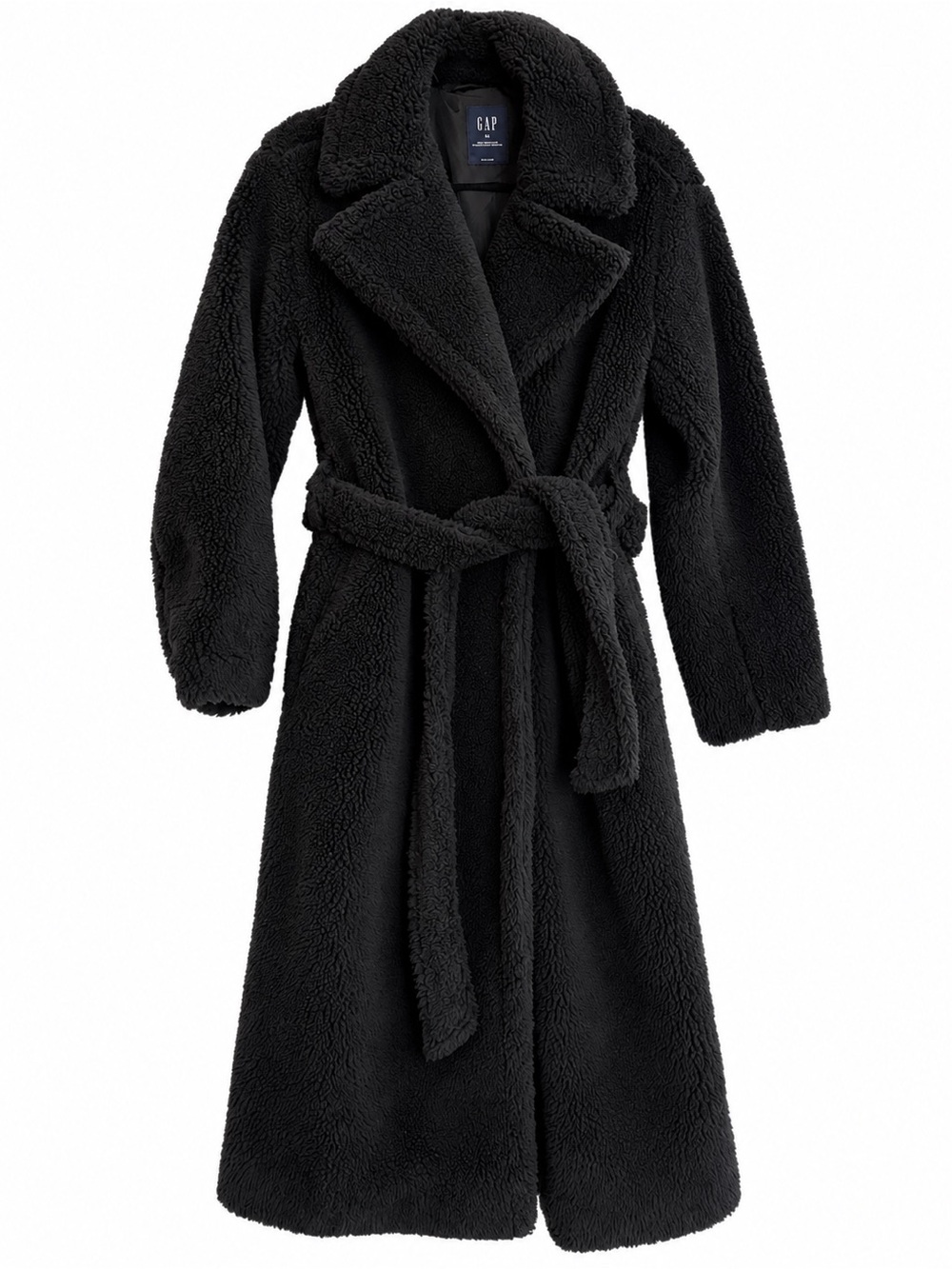 Gap Long Sherpa Coat Black Belted Teddy Coat Size XS